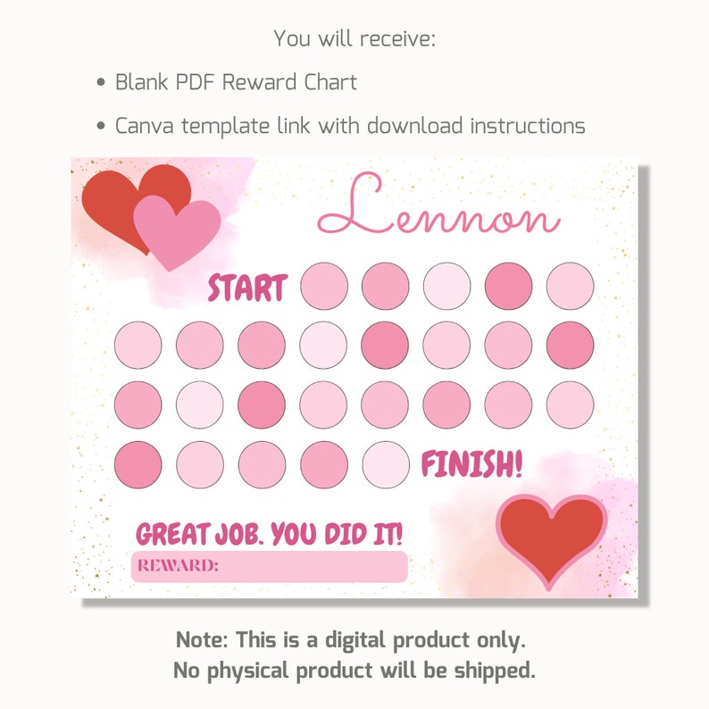 Hearts Reward Chart, Printable Sticker Chart, Editable Hearts Chart