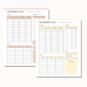 May include: A printable newborn log with sections for feeding, sleep, diapers, bath, and tummy time. The log includes columns for time, nursing, bottle ounces, pump ounces, wet diapers, dirty diapers, start time, end time, total time, and notes.