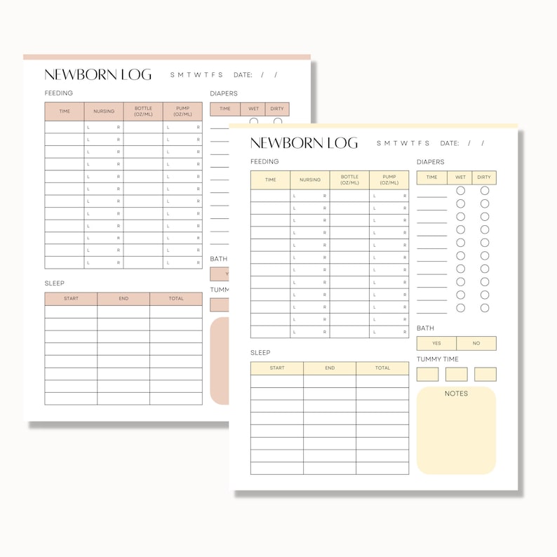 May include: A printable newborn log with sections for feeding, sleep, diapers, bath, and tummy time. The log includes columns for time, nursing, bottle ounces, pump ounces, wet diapers, dirty diapers, start time, end time, total time, and notes.