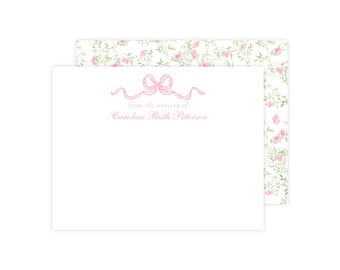 From The Nursery of Card, Personalized Nursery Stationery, Custom Pink Bow Watercolor Floral Stationery, Baby Shower Thank You Note Cards