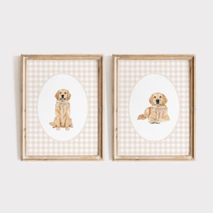 Golden Retriever Nursery Print Set, Watercolor Dog Wall Art, Neutral Nursery, Boy Gingham Wall Print, Tan Beige Bow, Neutral Girl Nursery