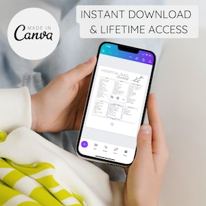 May include: A smartphone displaying a printable hospital bag checklist. The checklist includes items for mom, baby, and partner. The phone is being held by a person's hands. The text on the phone reads "HOSPITAL BAG checklist".