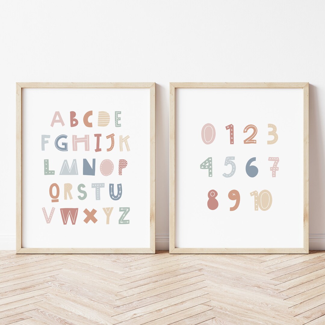 Set of 2 Rainbow Alphabet Numbers Poster, Colorful Funky Alphabet Print
