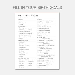 Peut inclure: Une liste de contr&ocirc;le imprimable pour planifier une naissance. La liste de contr&ocirc;le comprend des sections pour les d&eacute;tails, l'atmosph&egrave;re, la gestion de la douleur, l'accouchement, l'apr&egrave;s-accouchement, les positions d'accouchement et les informations sur la sant&eacute;. La liste de contr&ocirc;le est con&ccedil;ue pour aider les futurs parents &agrave; planifier leur exp&eacute;rience de naissance.