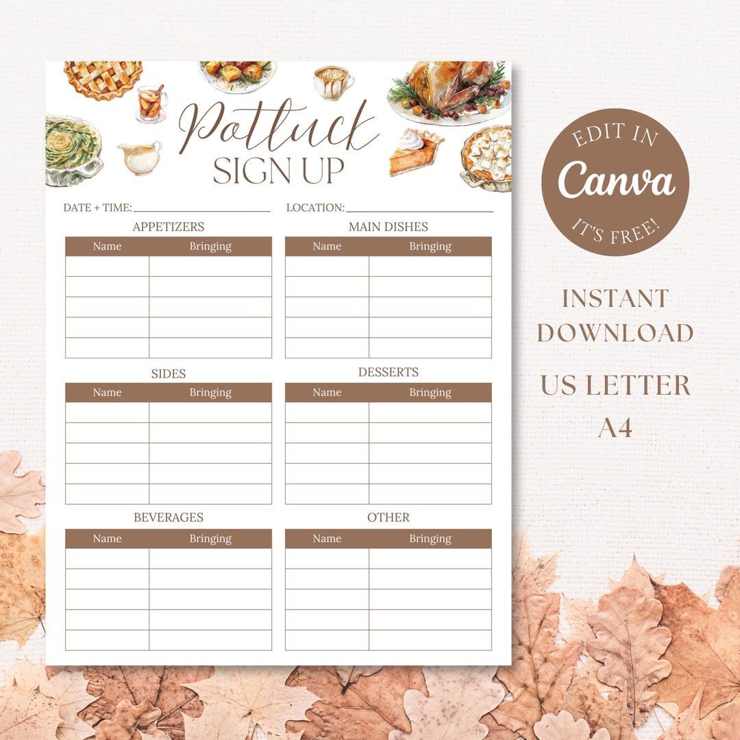 Editable Thanksgiving Potluck Sign up Sheet Template, Thanksgiving ...
