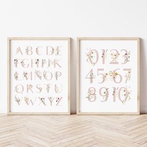 Lot de 2 affiches chiffres alphabet floral, affiche alphabet fleurs sauvages, art mural ABC, décoration de chambre de filles roses, impression murale alphabet floral vintage