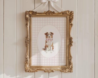Red Tri Australian Shepherd Nursery Decor, Watercolor Dog Nursery Print, Baby Girl Nursery, Pink Gingham Wall Print, Coquette Pink Bow Art
