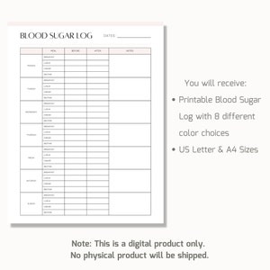 May include: Printable blood sugar log template with a blank table for recording blood sugar levels before and after meals. The template includes columns for the day of the week, meal type, blood sugar level before the meal, blood sugar level after the meal, and notes. The template is available in US Letter and A4 sizes.