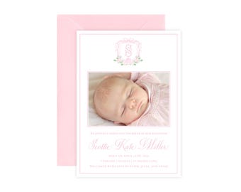 Watercolor Girl Birth Announcement, Pink Hydrangea Floral Monogram Newborn Announcement, Double Sided Photo Baby Birth Announcement Card