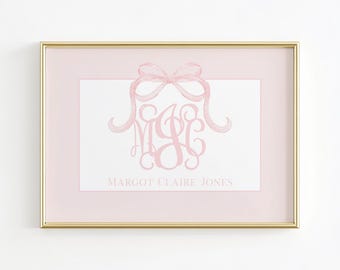 Monogram Nursery Wall Art, Grandmillennial Nursery, Blush Pink Bow Girl Nursery Print, Bow Baby Name Above Crib Wall Decor, Girl Room Decor