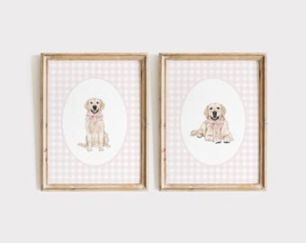 English Cream Golden Retriever Print Set Nursery Decor, Watercolor Dog Nursery Print, Baby Girl Nursery, Pink Bow Gingham Wall Prints