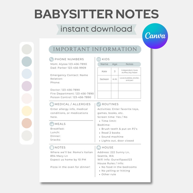 Editable babysitter information sheet printable babysitter planner