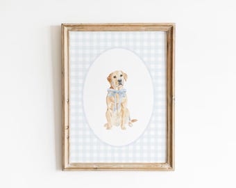 Yellow Labrador Retriever Nursery Decor, Watercolor Lab Dog Nursery Print, Baby Boy Nursery, Blue Gingham Wall Print, Girl Bow Art