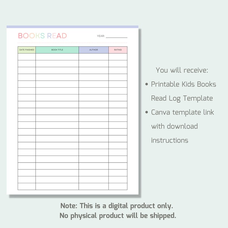Printable Kids Books Read Log Book Rating Tracker Reading Etsy