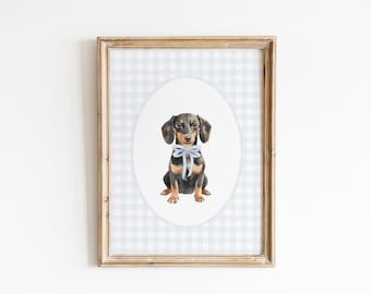 Svart och brun tax barnrumsdekor, akvarell wienerhund barnrumstryck, baby barnrum pojke, blått gingham väggtryck, klassisk blå rosettkonst