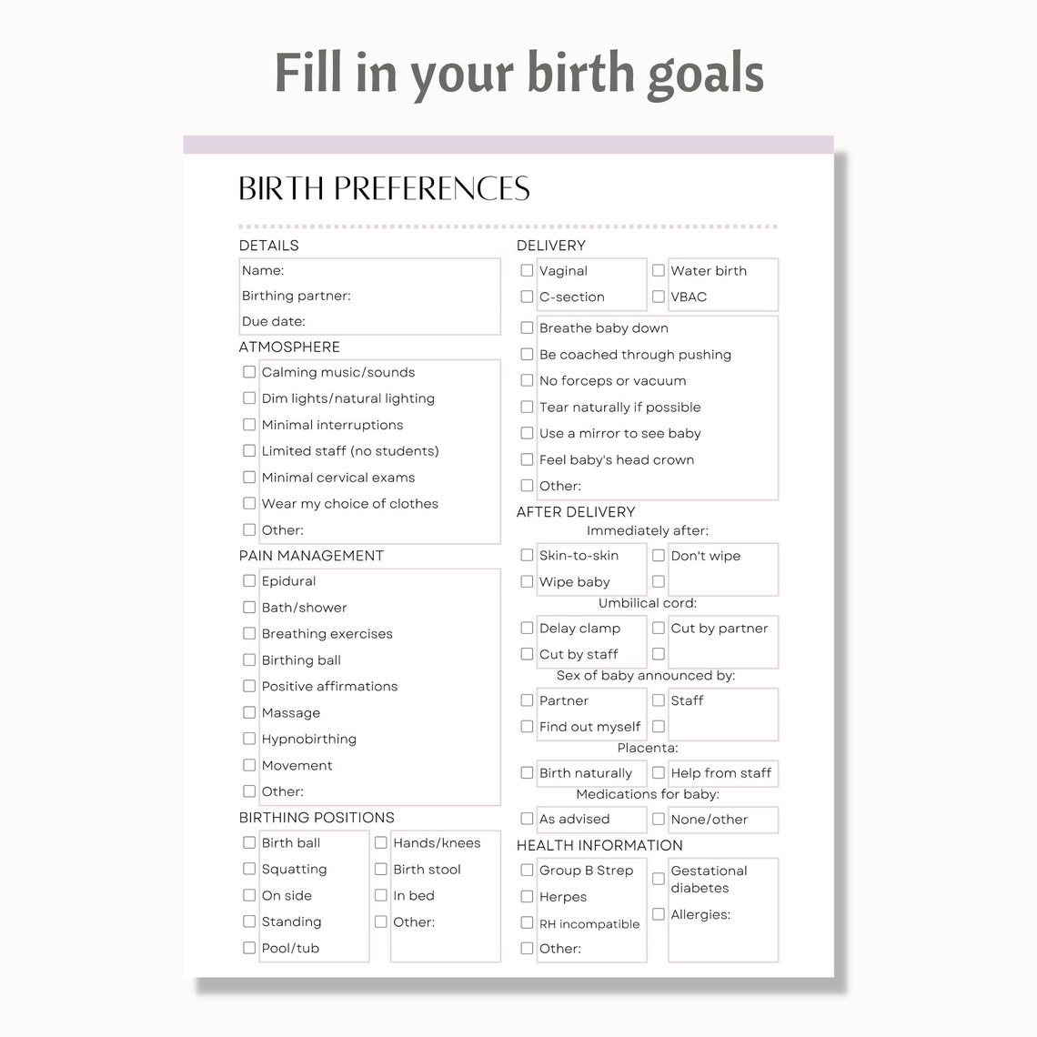 Birth Plan Template, Editable Birth Preferences, Printable Birth Plan