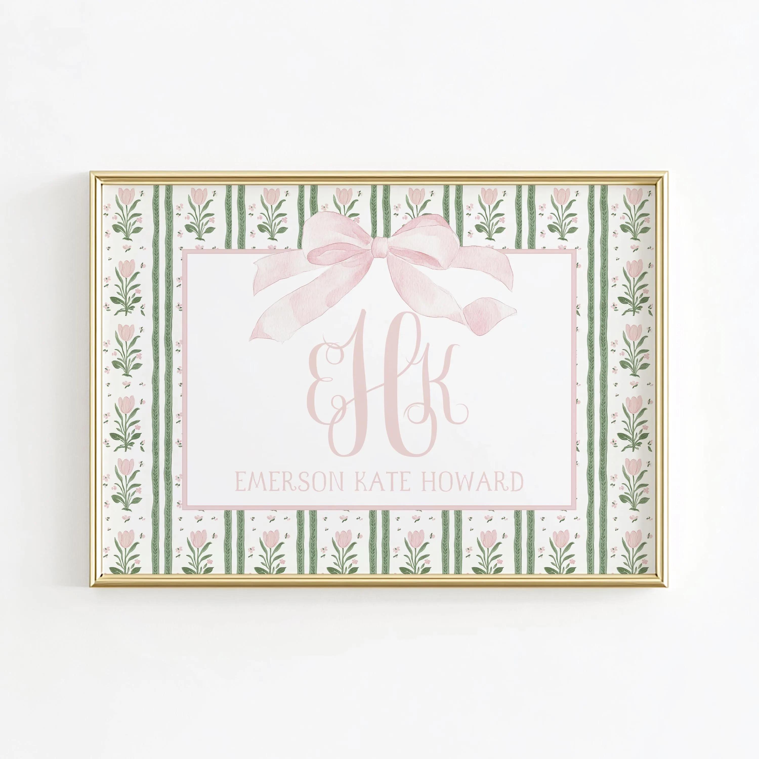 Floral Monogram Nursery Wall Art, Grandmillennial Nursery, Pink Bow Girl Nursery Prints, Baby Name Above Crib Wall Decor, Tulip Girl Room