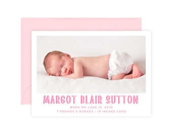 Printed Baby Girl Birth Announcement Cards, Modern Pink Newborn Announcement, Horizontal Double Sided Photo Baby Birth Announcement Card