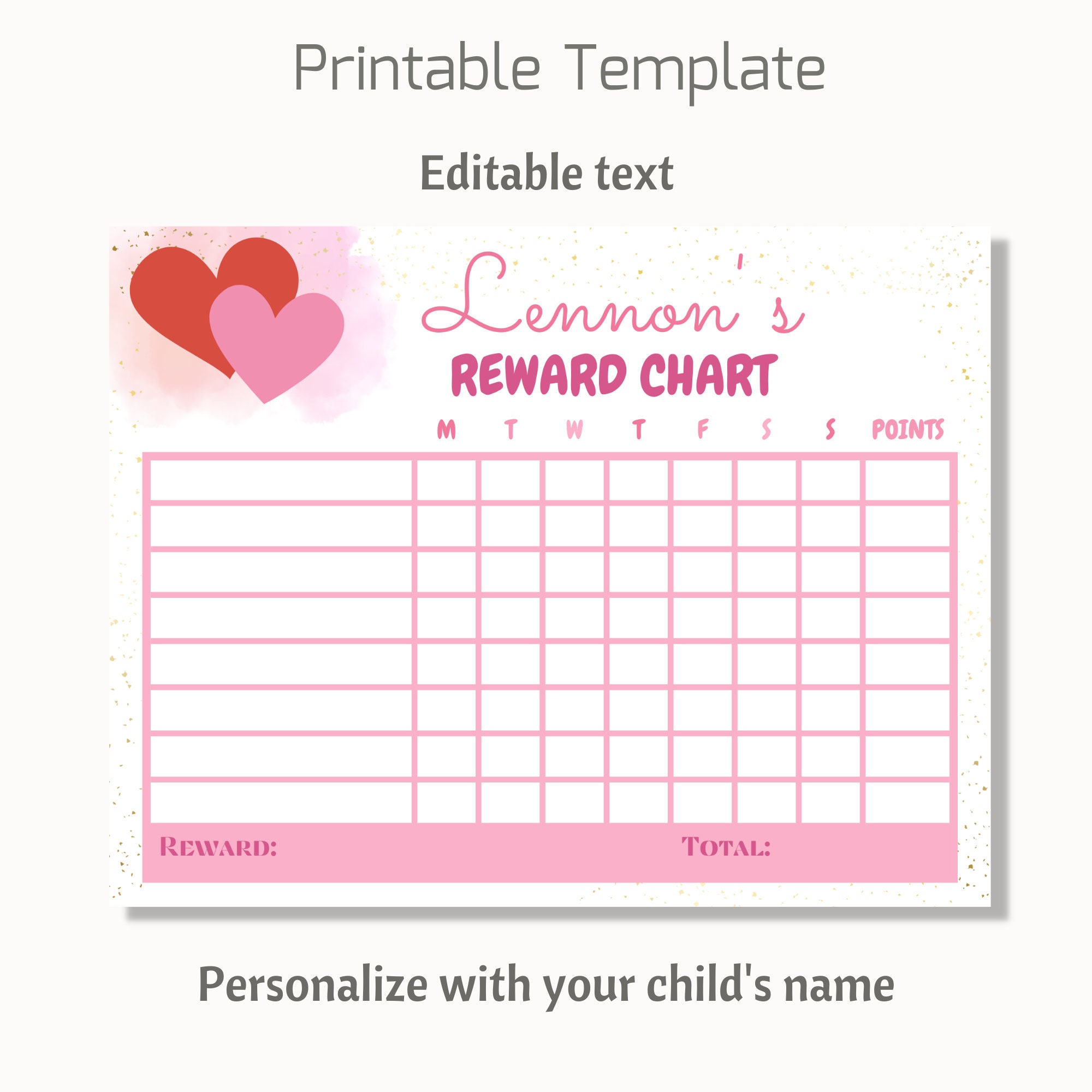 Hearts Reward Chart, Printable Rewards Chart, Editable Hearts Chart