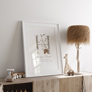 Póster personalizado con estadísticas de nacimiento de bebé, anuncio de nacimiento, impresión imprimible con detalles del nacimiento de recién nacido, guardería Woodland, impresión de pared personalizada para bebé