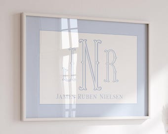 Baby Monogram Nursery Wall Art, Boy Nursery Wall Art Decor, Baby Name Above Crib Decor, Blue Boy Room Print, Classic Blue Nursery