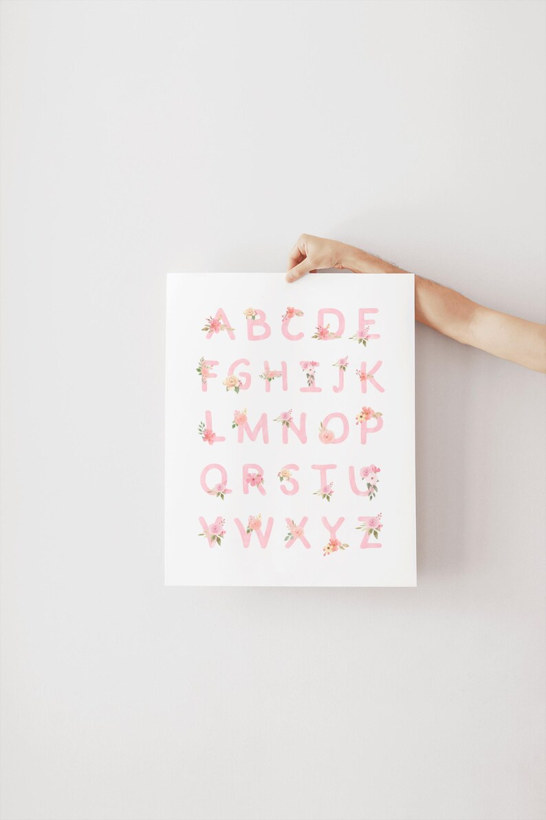 Pink Floral Alphabet Poster, Nursery Wall Art Boho, Printable Girl Wall
