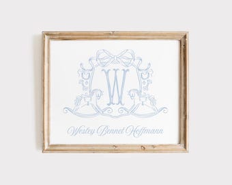 Baby Boy Name Nursery Wall Art, Rocking Horse Nursery Wall Art Decor, Monogram Crest Above Crib Decor, Watercolor Classic Blue Nursery Print