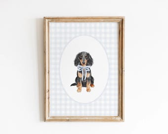 Long Hair Black and Tan Dachshund Nursery Decor, Watercolor Wiener Dog Nursery Print, Baby Boy Nursery, Blue Bow Gingham Wall Art Print