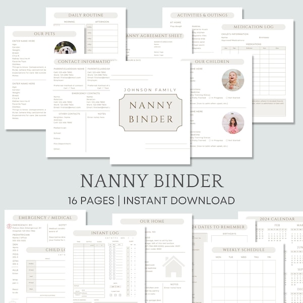 Editable Nanny Binder, Printable Nanny Planner Template, Nanny Guide, Infant Log, Nanny Contract, Babysitter Info, Nanny Agreement Forms