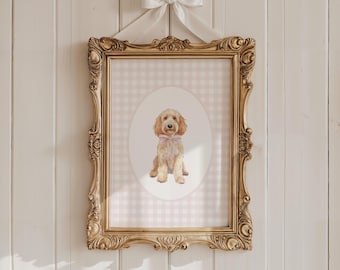Golden Doodle Nursery Decor, Watercolor Dog Nursery Print, Baby Girl Nursery, Pink Gingham Wall Print, Coquette Pink Bow Art, Puppy Nursery