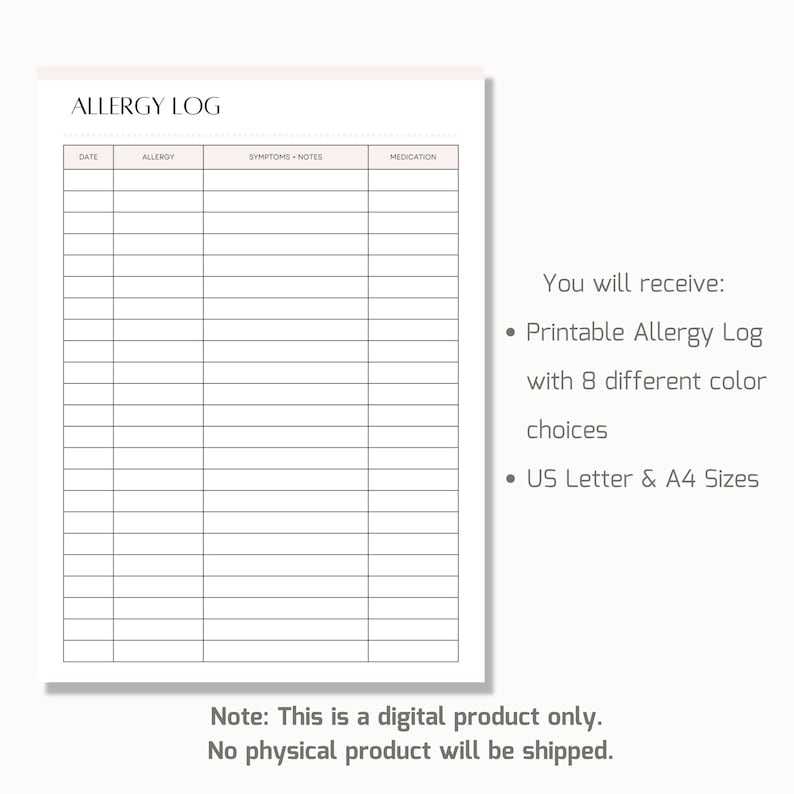 Printable Allergy Log Sheet, Health Records Tracker, Allergy Tracker