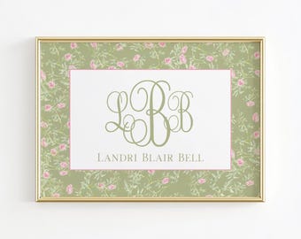 Monogram Nursery Wall Art, Grandmillennial Nursery, Pink and Green Floral Girls Room Print, Name Above Crib Wall Decor, Moody Dorm Room Art