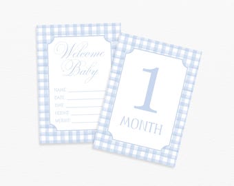Tarjetas de hitos de acuarela azul a cuadros, tarjetas de hitos para bebé niño, hitos mensuales del bebé, regalo para baby shower, tarjetas del mes del bebé, bienvenida al bebé