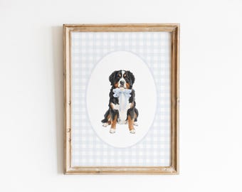 Bernese Mountain Dog Nursery Decor, Watercolor Bernie Dog Nursery Print, Baby Boy Nursery, Blue Gingham Wall Print, Classic Blue Bow Art