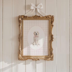 White Golden Retriever Nursery Decor, Watercolor Dog Theme Nursery Print, Baby Girl Nursery, Pink Gingham Wall Print, Coquette Pink Bow Art