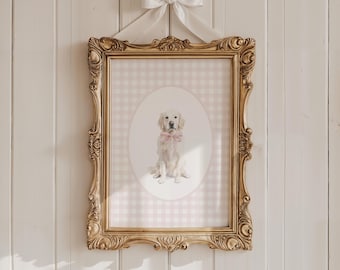 White Golden Retriever Nursery Decor, Watercolor Dog Theme Nursery Print, Baby Girl Nursery, Pink Gingham Wall Print, Coquette Pink Bow Art