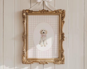 May include: A framed print of a white dog with a pink bow sitting on a pink and white gingham background. The frame is gold and ornate.