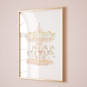 May include: A watercolour painting of a pink and white carousel with four white horses. The carousel is set against a white background.