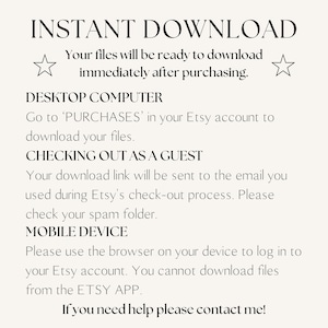 May include: Text-based instructions on how to download digital files after purchasing from Etsy. The instructions include information for desktop computers, mobile devices, and checking out as a guest.
