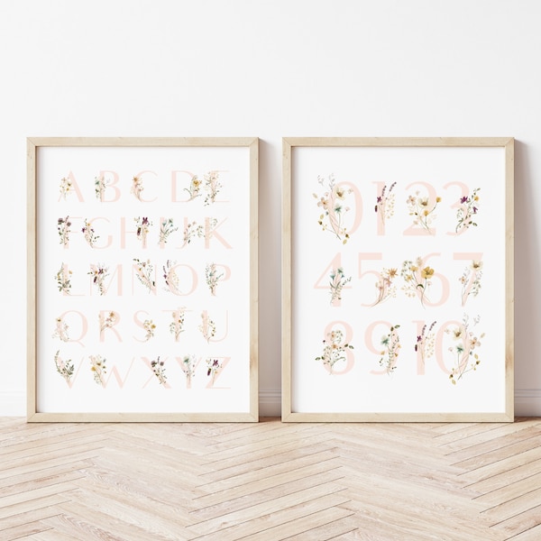 Set of 2 Wildflowers Alphabet Numbers Poster, Floral Alphabet Print, Printable Educational Wall Art, Girls Room Decor, Boho Nursery Decor