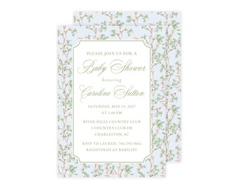 Chinoiserie Baby Shower Invitation, Blue and Green Floral Baby Boy Shower Invitation, Boy Baby Sprinkle Invite, Printed Invitations