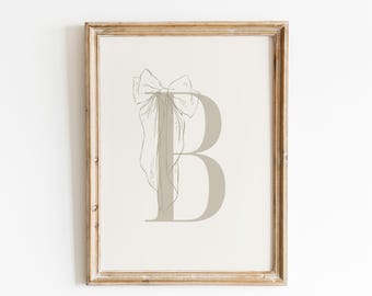 Custom Girl Initial Print, Pink Bow Nursery Art, Personalized Girl Initial Wall Decor, Baby Girl Nursery Decor, Vintage Style Girl Room
