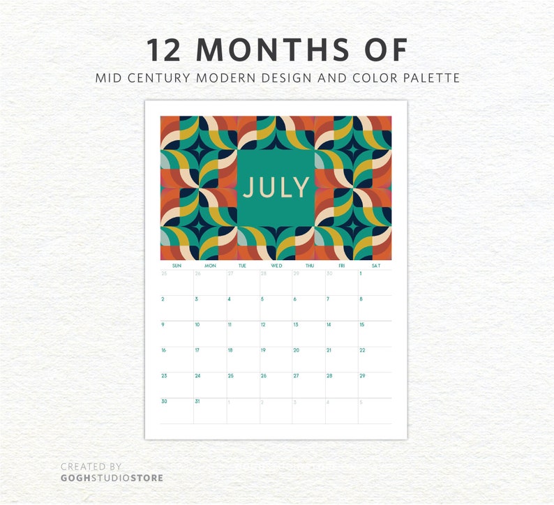 2023 Mid Century Modern Fillable Monthly Calendar Instant Etsy