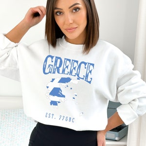 Unisex Vintage Style Griechenland Karte Sweatshirt, Retro Distress griechische Flagge Pullover Athen Santorini Island Urlaub Rundhals Mykonos Shirt