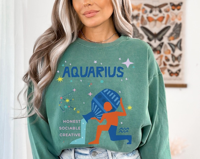 Aquarius Zodiac Comfort Colors Sweatshirt, Astrology Birth Sign Sweater, Horoscope Birthday Gift Shirt,  Bday Celestial Crewneck jumper