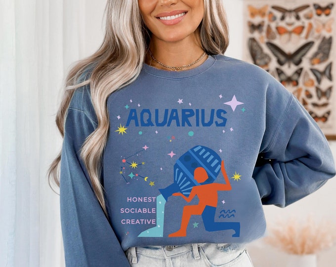 Aquarius Zodiac Comfort Colors Sweatshirt, Astrology Birth Sign Sweater, Horoscope Birthday Gift Shirt,  Bday Celestial Crewneck jumper