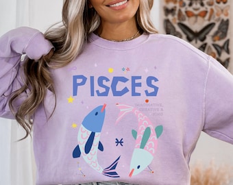 Pisces Sternzeichen Komfort Farben Sweatshirt, Astrologie Geburtszeichen Pullover Horoskop Shirt Geburtstagsgeschenk Bday pullover Himmlisch Rundhalspullover