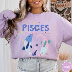 Bluza z nadrukiem Ryby Zodiac Comfort Colors, astrologia znak zodiaku sweter horoskop koszula prezent urodzinowy bday sweter Celestial Crewneck sweter