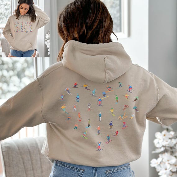 Felpa con cappuccio SKI, sciatori colorati e stampa a forma di