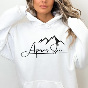 Apres Ski Mountain Hoodie, Skiing Sweater, Winter sports Shirt, Shirt with Mountains, Winter sport lovers top, Skier gear apparel.